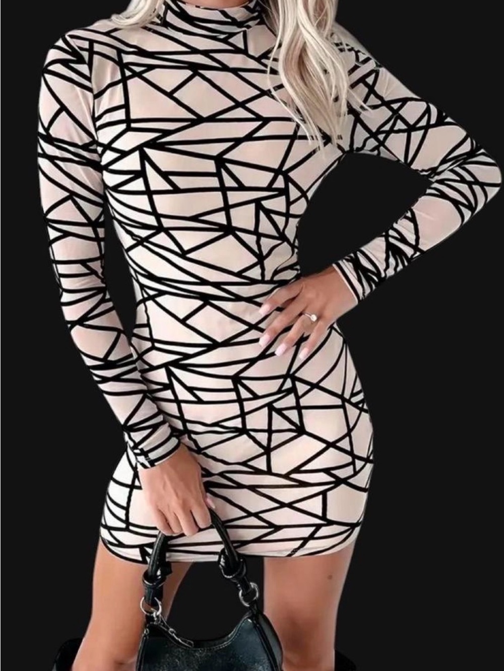 Geometric Patterned Long Sleeve Mini Dress